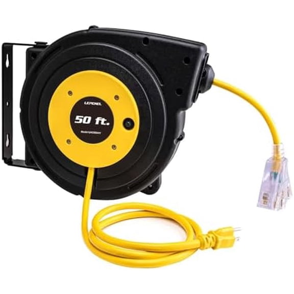 50 Ft Retractable Extension Cord Reel,14 AWG/3C SJTOW Heavy Duty Power Cord, 13 Amp Circuit Breaker, 3-Lighted Triple Outlets, Wall/Ceiling Mounted, UL Listed$$Tools & Hardware Other