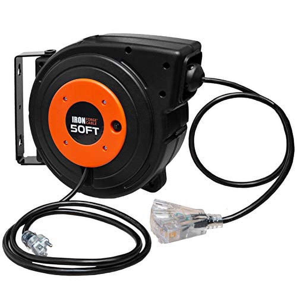 50 Ft Retractable Extension Cord Reel In Mountable  Portable Power  Cord Reel with Electrical Outlets 14/3 SJTW Heavy Duty Black Cable  Perfect for Hanging from Your Garage Ceiling