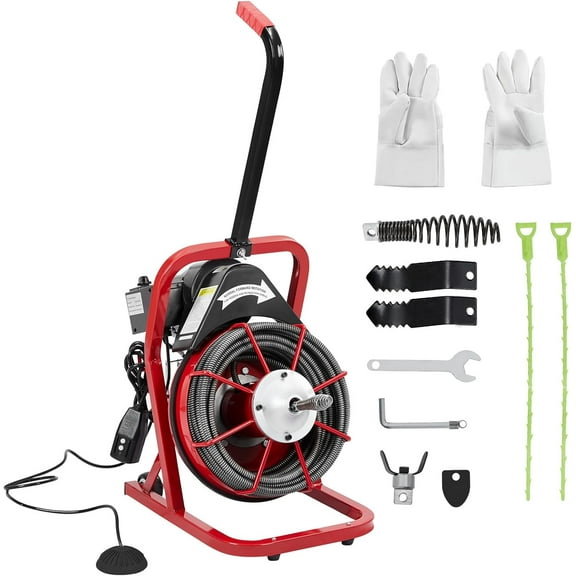 50 Ft X 3/8 Inch Drain Cleaner Machine, Professional Automatic Electric Drain Auger for 1 to 4 Inch Pipes, Portable Electric Drain Snake with 4 Cutters & Foot Switch and Pair of Gloves