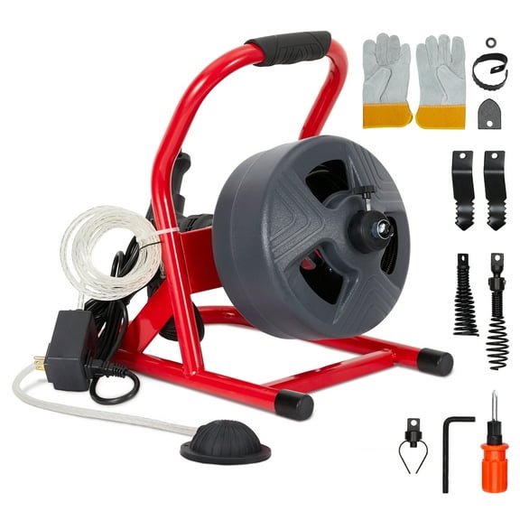 50 Ft x 5/16 In Electric Drain Cleaner Machine, Professional Automatic Drain Auger for 3/4"-3" Pipes, Portable Sewer Snake with Foot Switch, 6 Cutter Heads & Gloves for Sink Tub Shower Clogs