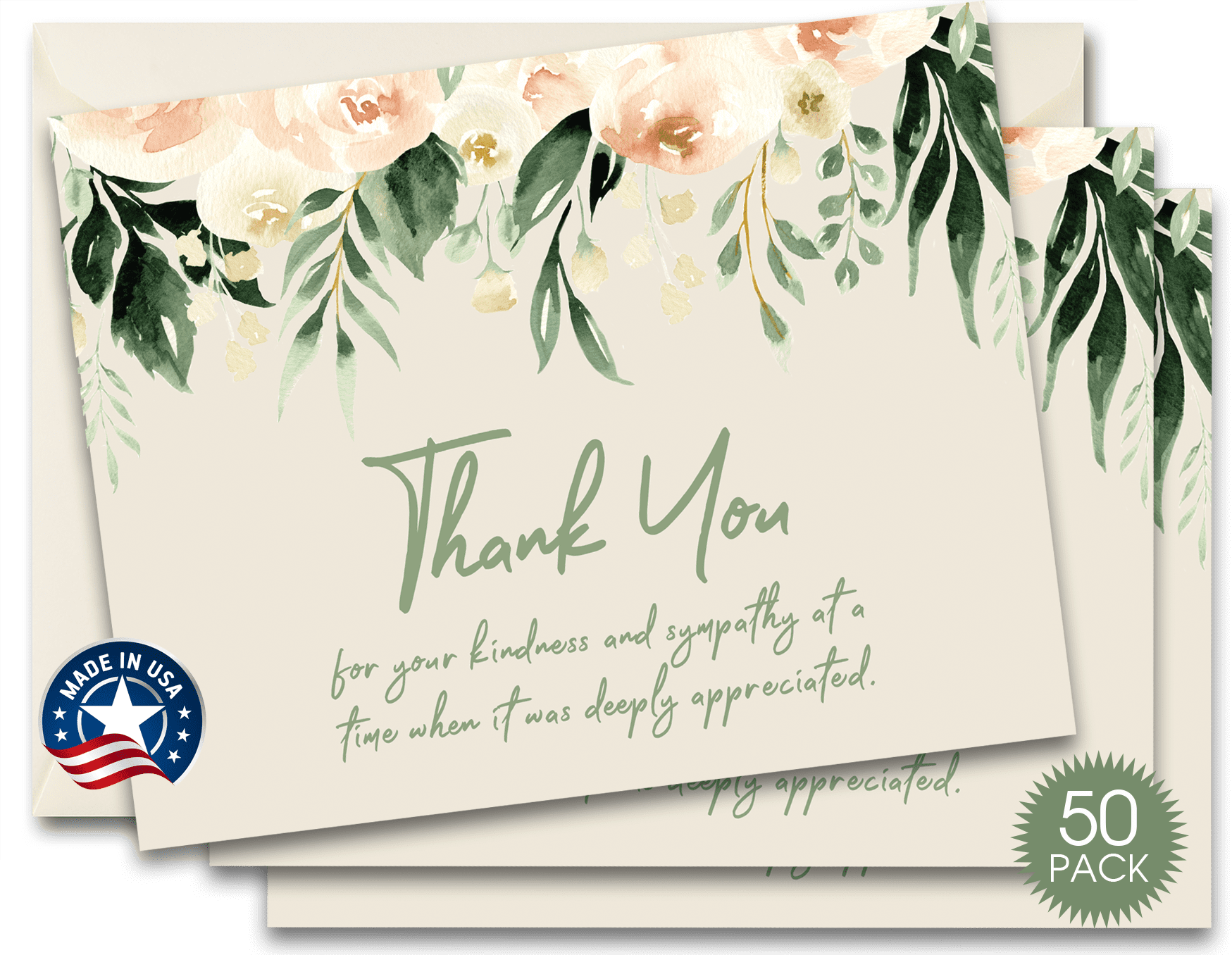 50 Funeral Sympathy Bereavement Thank You Cards With Envelopes (Sage Floral)