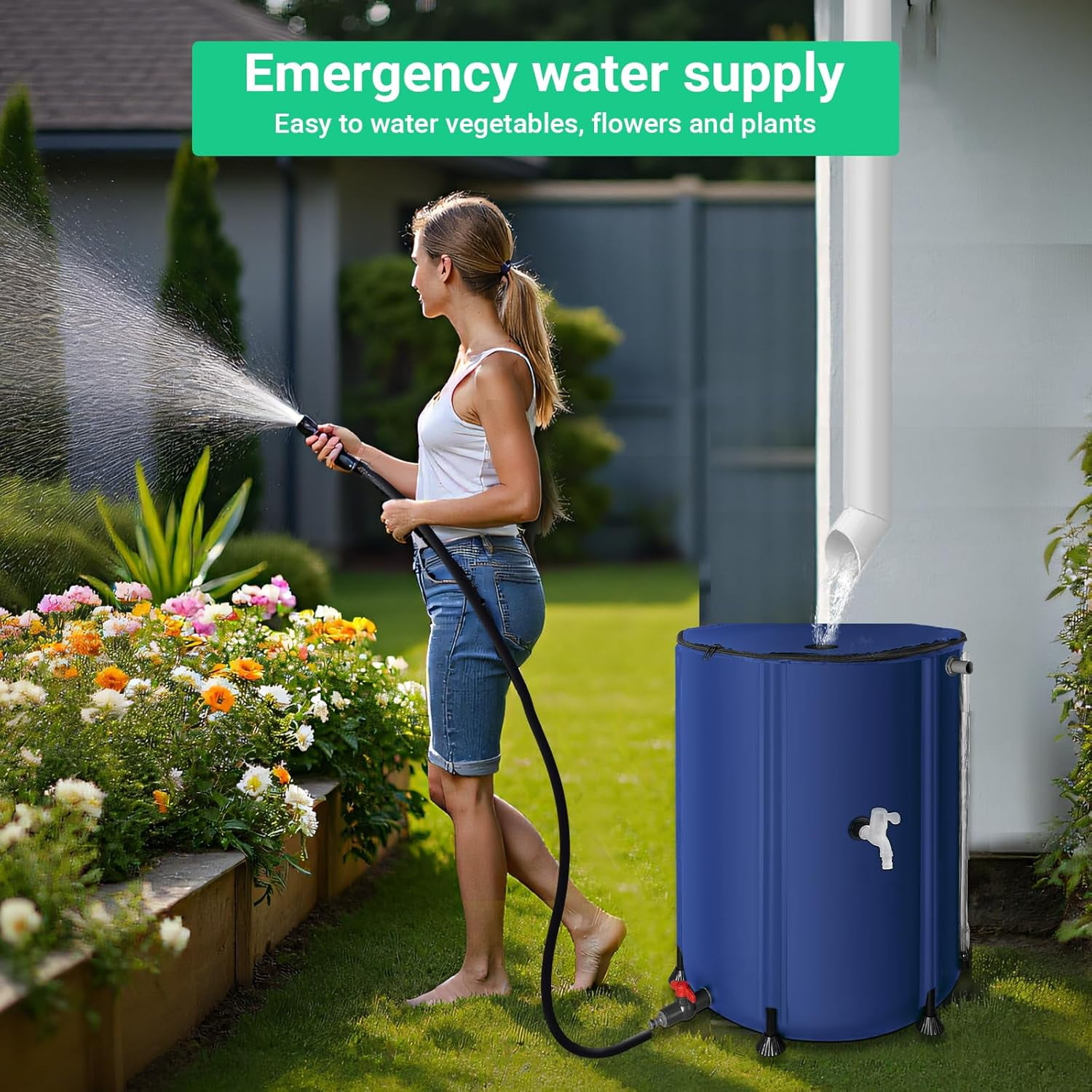 50 Gallon Collapsible Rain  with Hose Spigot, Foldable PVC Water Storage  for Garden, Car Wash & Emergency Use