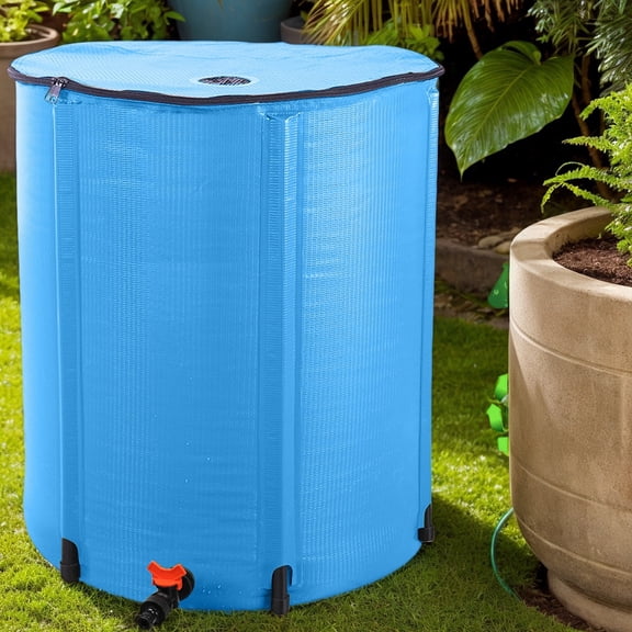 50-Gallon Compact Folding Rain Barrel Collector in Vibrant Blue - Portable Rainwater Conservation and Storage System