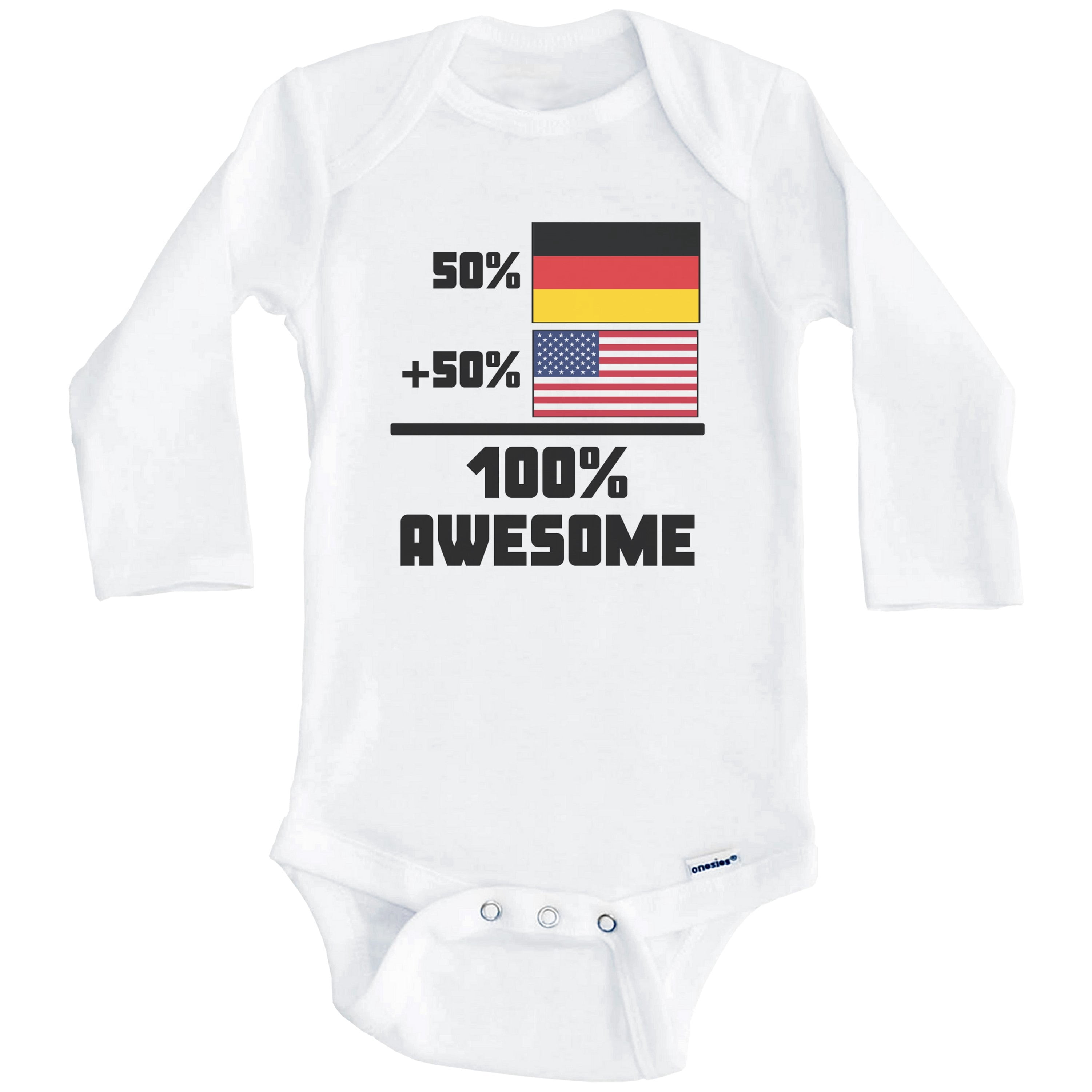50% German 50% American 100% Awesome Funny Flag One Piece Baby Bodysuit (Long Sleeve), 3-6 Months White