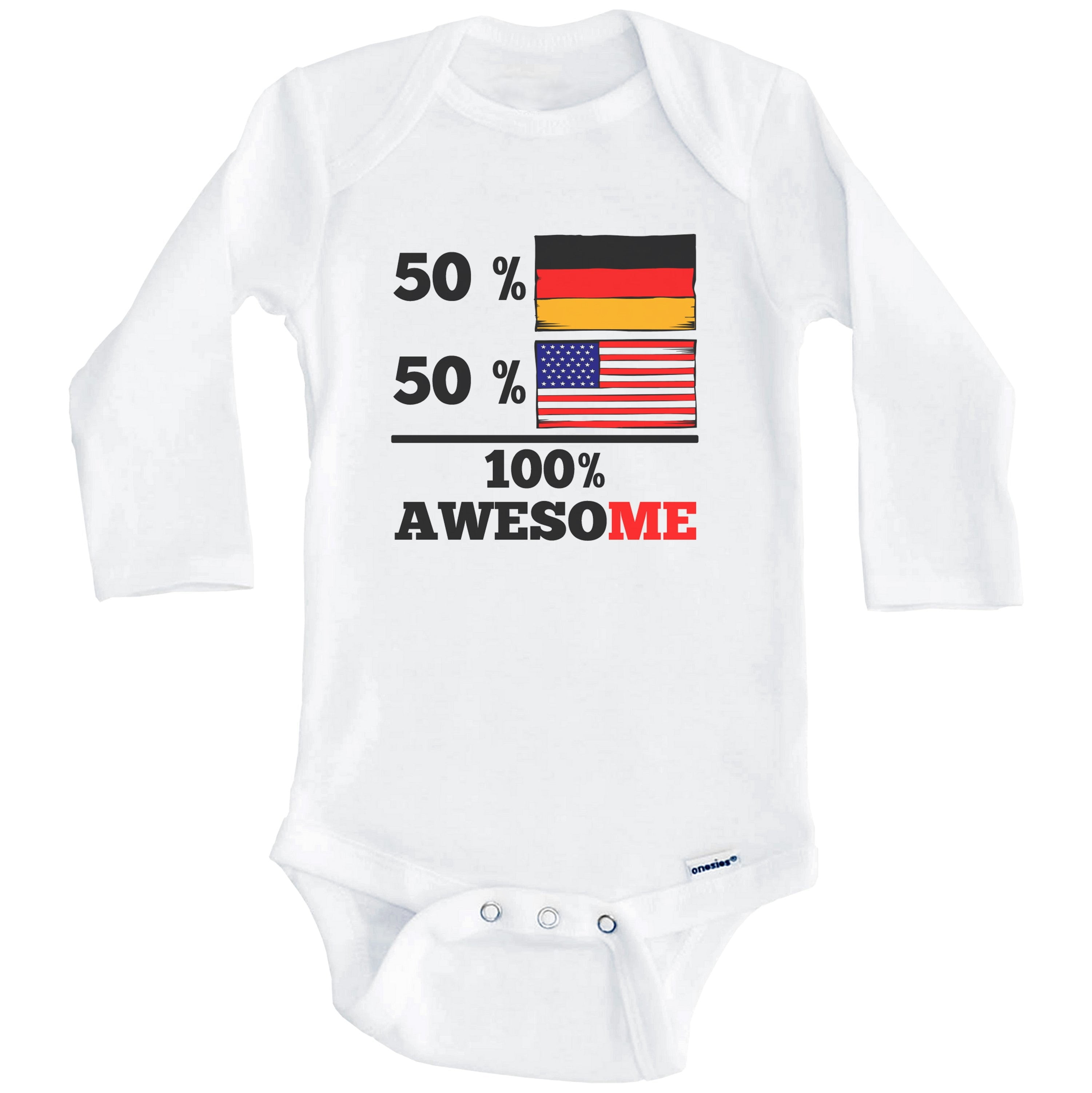 50% German 50% American 100% Awesome Funny Germany Flag One Piece Baby Bodysuit (Long Sleeve), 0-3 Months White