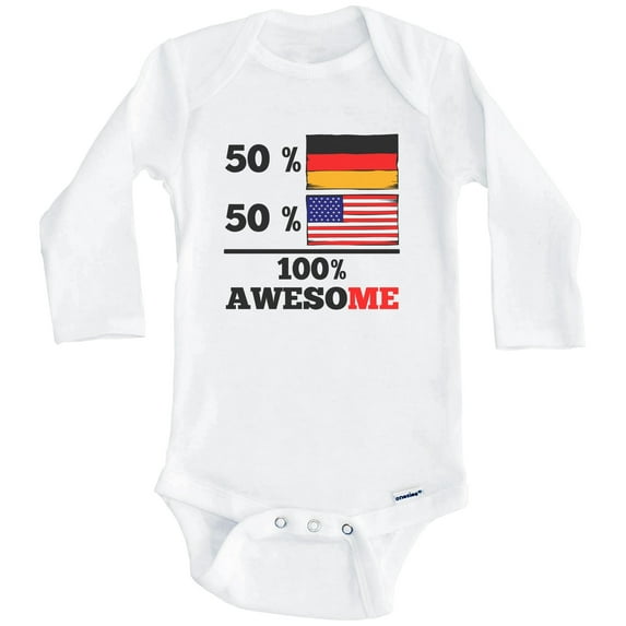 50% German 50% American 100% Awesome Funny Germany Flag One Piece Baby Bodysuit (Long Sleeve), 6-9 Months White