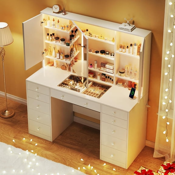 50'' Glass Top Makeup Vanity with 11 Drawers, White Vanity Desk with Large LED Mirror & Lights, Built-in Charging Station & 3 Light Modes, Brightness Adjustable, 8 Hidden Shelves