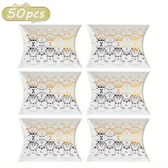 50 Gold Foil Pillow-Shaped Gift Boxes for Weddings Birthdays Corporate Events - 4 Stylish Designs Premium Paper Elegant Gift Packaging