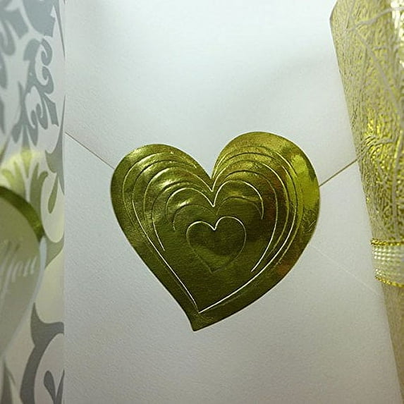 50 Gold Heart Envelope Seals 1-1/2 X 1-3/8 Foil Embossed Sticker