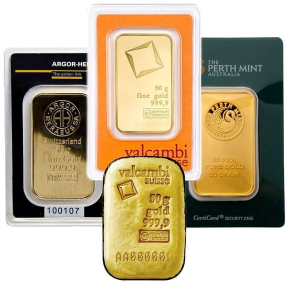 50 Gram Gold Bar 0.9999 Fine Random Brands include Pamp Valcambi Argor Perth Philoro