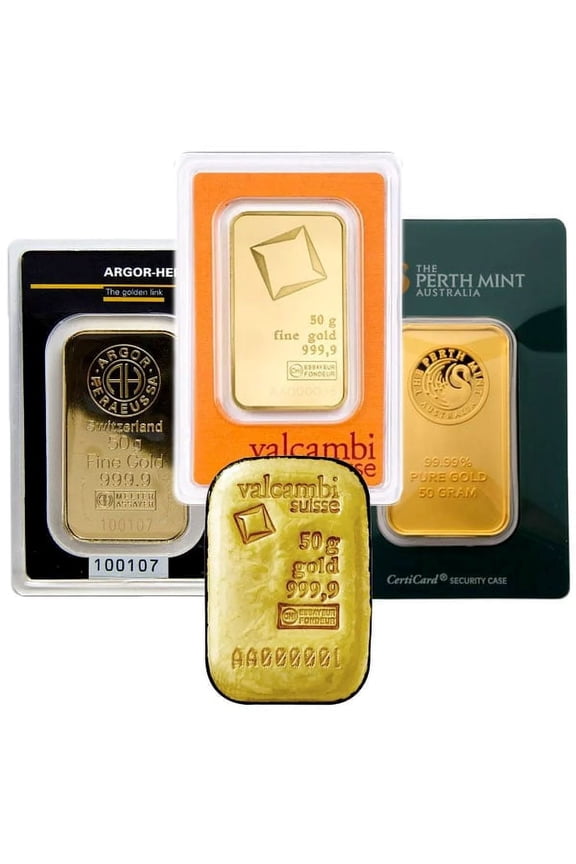 50 Gram Gold Bar 0.9999 Fine Random Brands include Pamp Valcambi Argor Perth Philoro