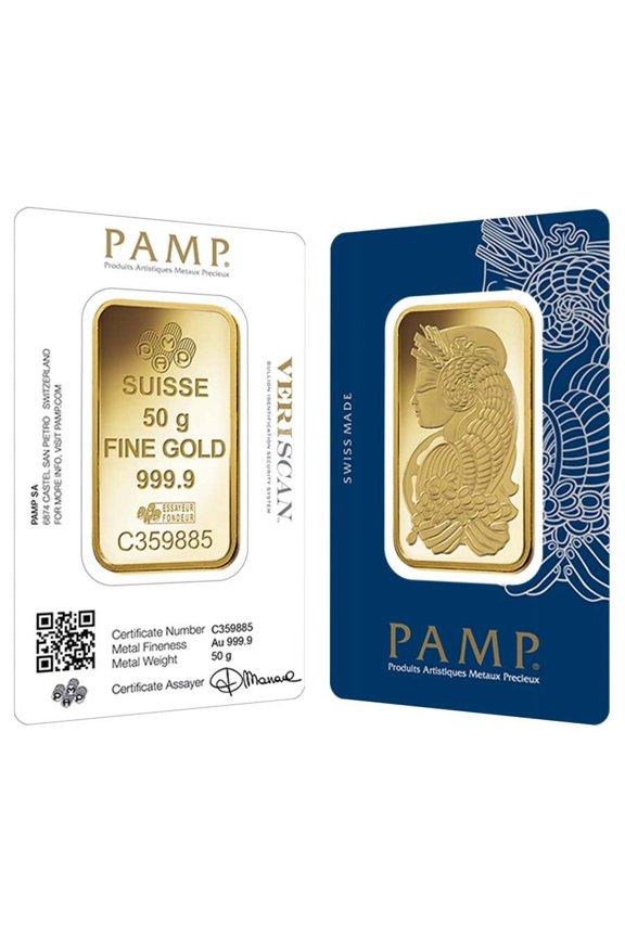 50 Gram Gold Bar PAMP Suisse Lady Fortuna Veriscan .9999 Fine (in Assay)