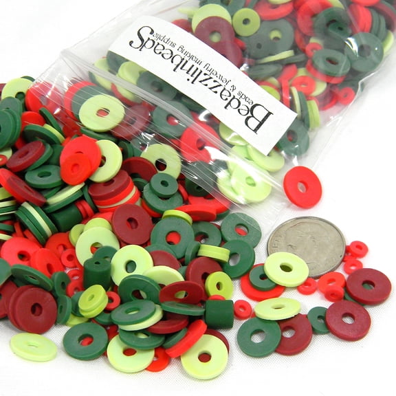 50 Grams of 500+ Christmas Colored Flat Round Spacer Rondelle Disc Polymer Clay Beads in a Mixed Assortment of Reds & Greens