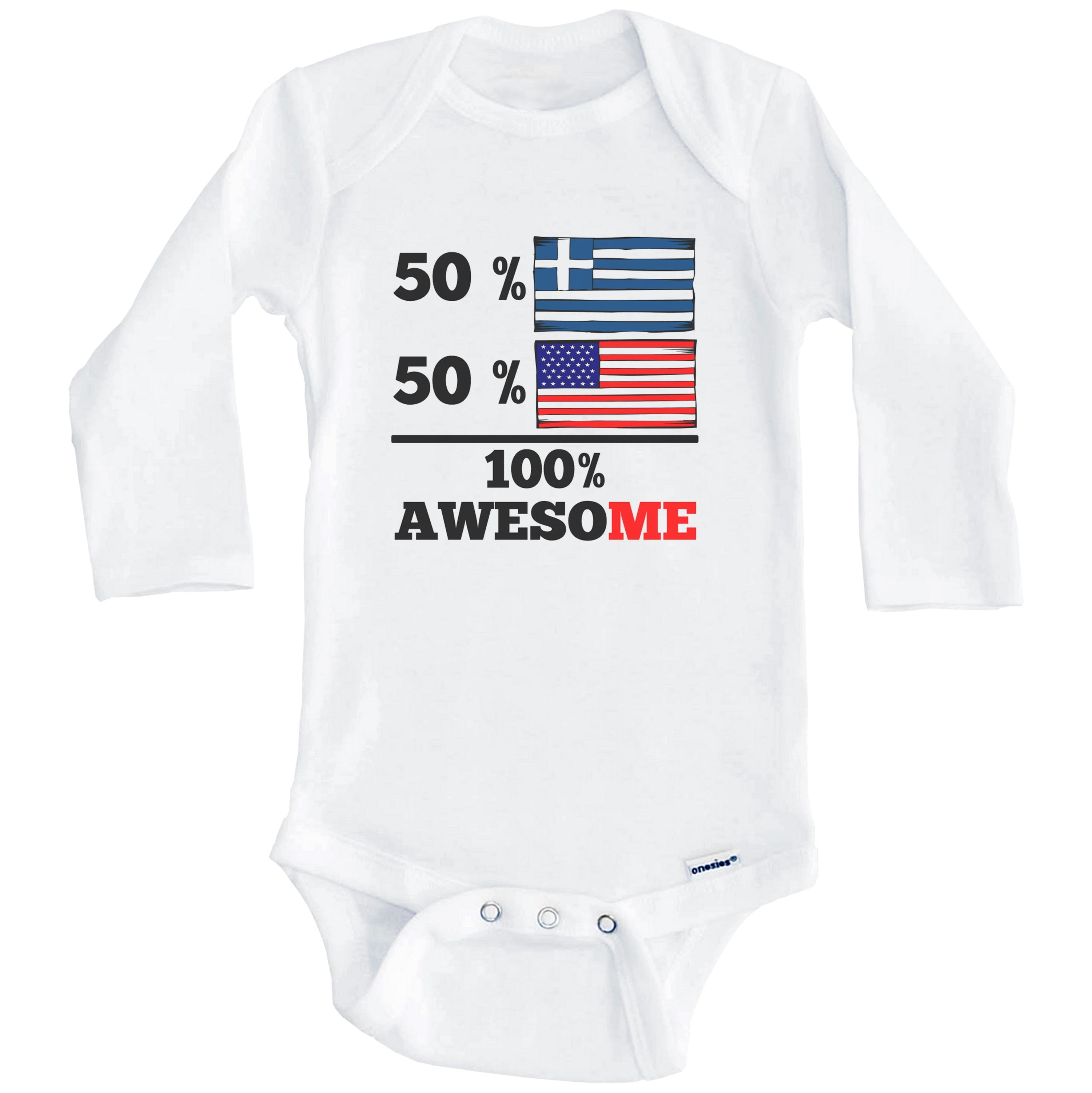50% Greek 50% American 100% Awesome Funny Greece Flag One Piece Baby Bodysuit (Long Sleeve), 6-9 Months White