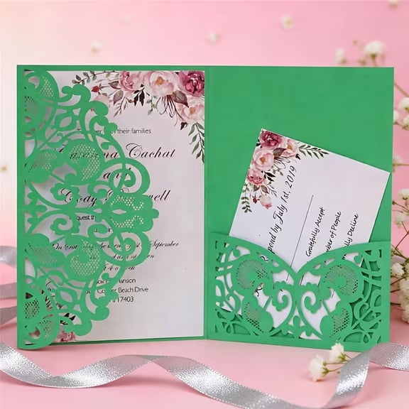 50 Green Laser Cut Pearl Paper Wedding Invitation Cards with Inner Card Envelope Pockets - Elegant Invitations for Weddings and Anniversaries