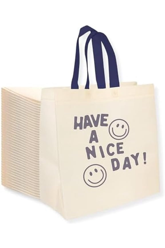 50 Grocery Bags with Handles, Durable, Foldable, Washable Shopping Tote Bags , 14x6.5x14 Inch, /Blue Design