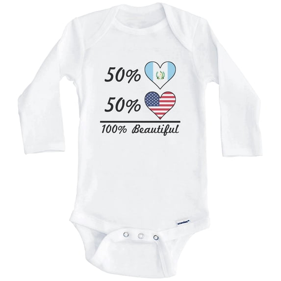 50% Guatemalan 50% American 100% Beautiful Guatemala Flag Heart One Piece Baby Bodysuit (Long Sleeve), 3-6 Months White