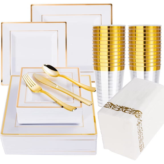 50 Guest Gold Dinnerware Set-100 White Square Plastic Plates with Gold Rim, 50 Gold Plastic forks, 50 Spoons, 50 Knives, 50 Cups, 50 Napkins-Disposable Dinnerware Set for Wedding