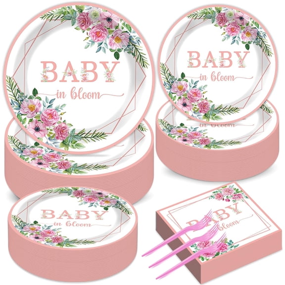 50 Guests Baby in Bloom Party Supplies Baby In Bloom Floral Plates and Napkins Plastic Forks Girl Floral Tableware Pink Flower Paper Plates for Birthday Party 200PCS