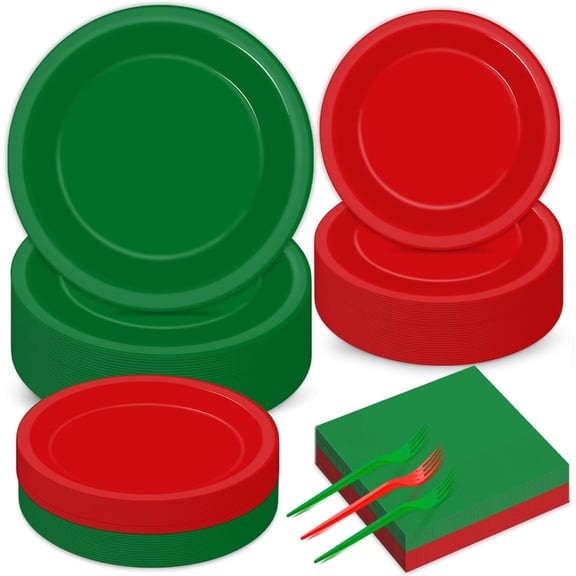50 Guests Christmas Party Supplies Red and Green Plates and Napkins Plastic Forks Holiday Tableware Xmas Paper Plates for Christmas Party 200PCS