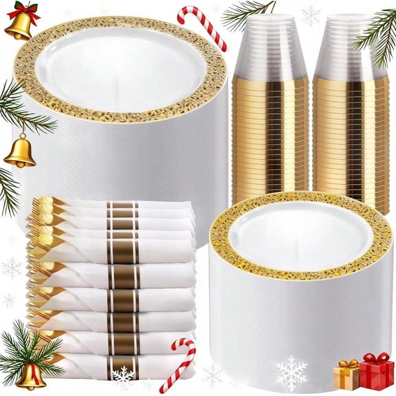 50 Guests Dinnerware Sets Gold Plastic PlatesPlatos Para Fiestas Elegantes Desechables Include:50 Dinner Plates 50 Dert Plate 150 Pcs Gold Plastic Sierware 50 Cups for Party