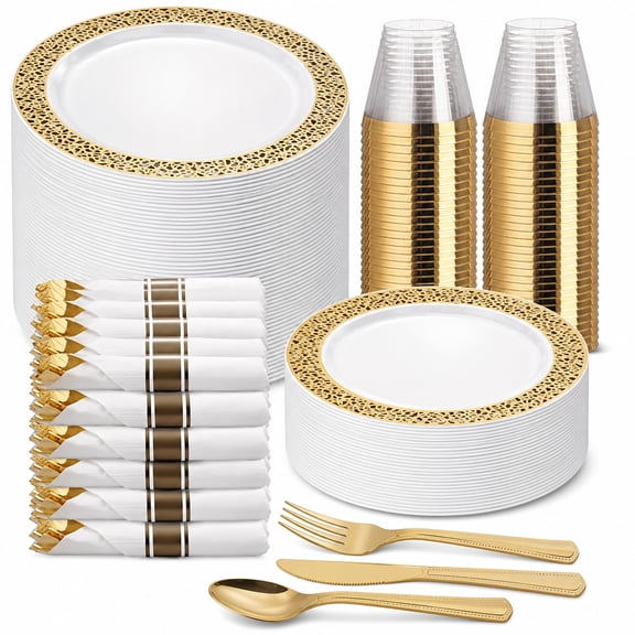 50 Guests Dinnerware Sets for Elegant Parties: Gold Plastic Plates, Dessert Plates, Cups Silverware Premium Disposable Tableware in Gold Finish