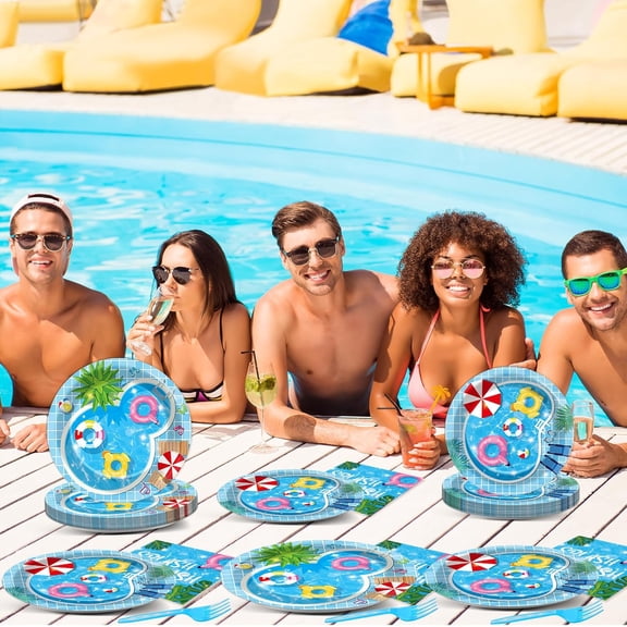 50 Guests Pool Party Supplies Summer Beach Plates Napkins Forks Disposable Tableware Set for Splish Splash Birthday Baby Shower 200PCS