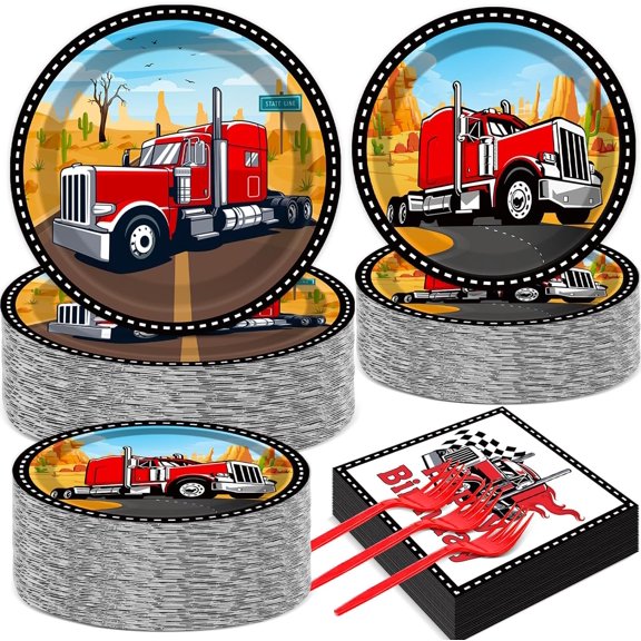 50 Guests Semi Truck Party Decorations Semi Truck Plates and Napkins Party Decoration For Birthday Party Plates Tableware Set Tractor Trailer Theme Party Paper Plates Napkins Forks 200 PCS