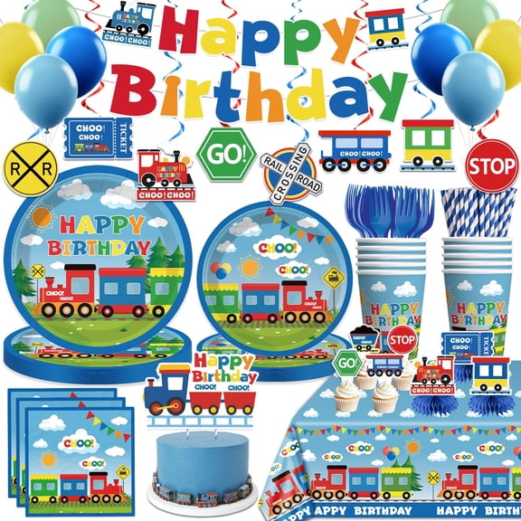 50 Guests Train Birthday Decorations Train Theme Party Tableware Includes Train Plates and Napkins for Birthday Steam Train Party Supplies Banner Balloons Cake Toppers Tablecloth Train Decor Y101