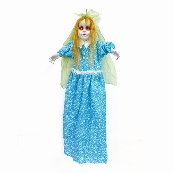 50" Halloween Girl Ghost Props with Blue Dress,Halloween Hanging Dead Girl Body with Glowing Red Eyes, Animated Ghost Lighted Up Scary Halloween Props for Indoor,Outdoor,Haunted House,Yard