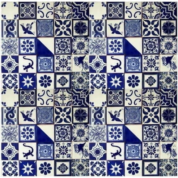 50 Hand Painted Talavera Mexican Tiles 4"x4" Blue & White