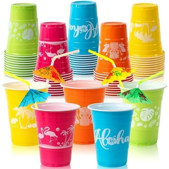 AP 50 Hawaiian Luau Party Decorations Cups with Parasol Straws -16OZ Disposable Party Cups for Tropical Luau Moana Birthday Party Decor Supplies