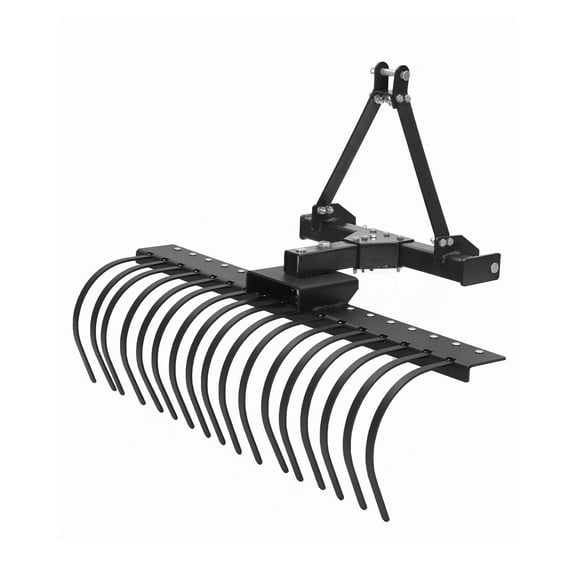 50" Heavy Duty 3-Point Rock Rake, 360° Rotating, 17 Replaceable Spring Steel Tines, Quick Mount for Clearing Brush, Raking Arenas, Ideal for Soil Prep, Brush Clearing & Arena Leveling
