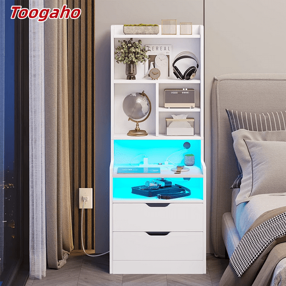 Toogaho White Tall Nightstand with Charging Station and LED Lights, LED Nightstand with Bookshelf, Bedside Table with Shelves and 2 Drawers, Tall End Side Table with USB Ports and Outlets