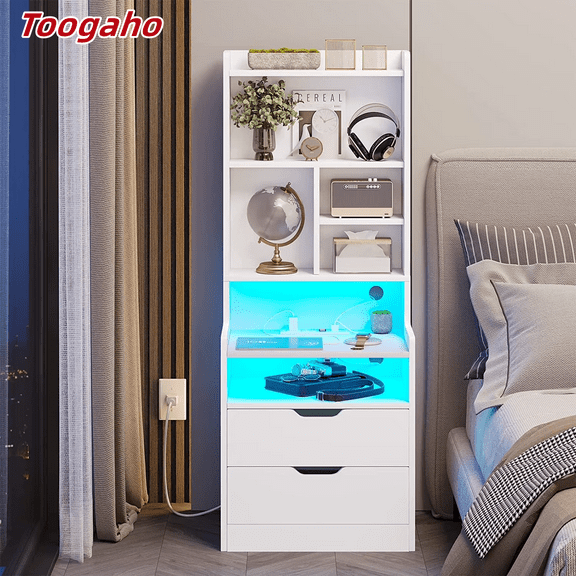 Toogaho White Tall Nightstand with Charging Station and LED Lights, LED Nightstand with Bookshelf, Bedside Table with Shelves and 2 Drawers, Tall End Side Table with USB Ports and Outlets