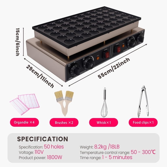 50-Hole Electric Mini Pancake Maker, Commercial Takoyaki Machine with Adjustable Temperature & Timer, Non-Stick Baking Griddle Stainless Steel for Home Breakfast, Coffee Shop, Party and Catering