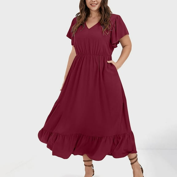 Horkkom A Line Dresses for Women Summer Casual Midi Dresses Solid Color V Neck Plus Size Dresses Pleated Short Sleeve Dress with Pockets Red XL