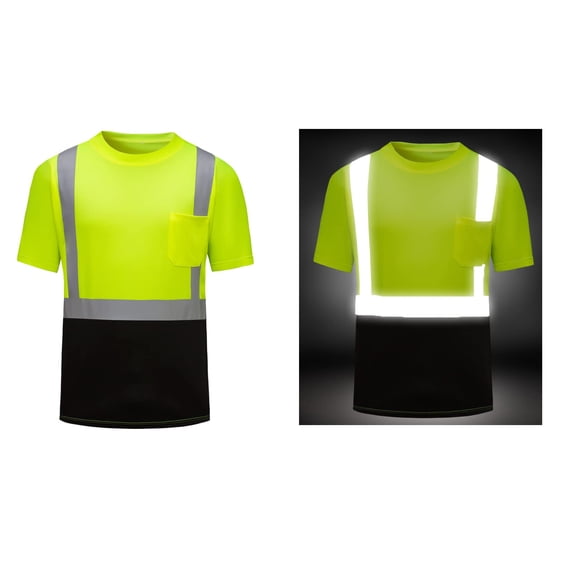 Horkkom Reflective Shirts for Men Summer Short Sleeve High Visibility Shirts Crew Neck Work Construction Shirts with Reflective Strip Green M