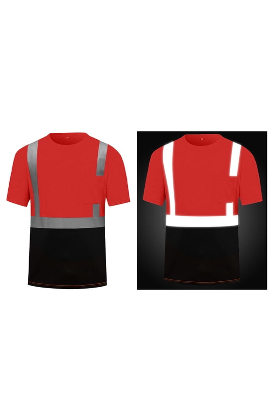 Reflective Shirts for Men Summer Short Sleeve High Visibility Shirts Crew Neck Work Construction Shirts with Reflective Strip Red L
