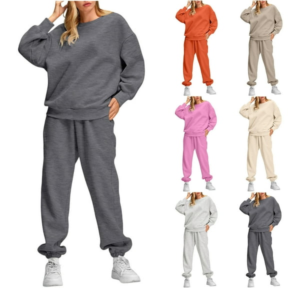 Horkkom Womens Sweatsuits 2 Piece Set Pullover Crewneck Sweatshirt Elastic Waist Jogger Pants Sweat Set Casual Solid Color 2 Piece Outfit