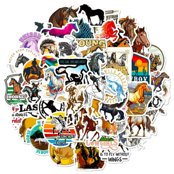 50 Horse Stickers - Hand-Drawn Galloping Horses, Reusable Decals for Luggage, Notebooks, Water Bottles, and More