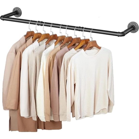 50 INCH Clothes Rack Wall Mounted, Industrial Pipe Garment Rack, Multi-Purpose Clothing Rod for Closet, Laundry Room, Retail Display, Black