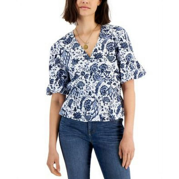 $50 Inc International Concepts Womens Printed Puff-Sleeve Top White Size Medium