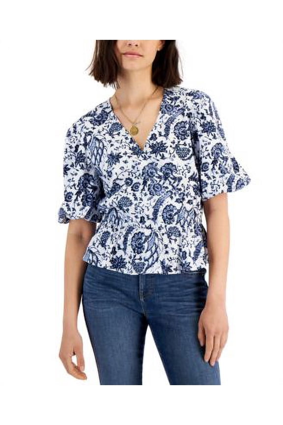 $50 Inc International Concepts Womens Printed Puff-Sleeve Top White Size Medium