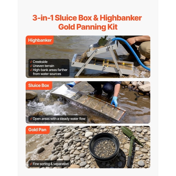 50 Inch 3 in 1 Folding Highbanker Gold Panning Kit 26 Piece Portable Mining Prospecting Set with Sluice Box Gold Pans Classifier Screen Magnet Backpack and Accessories