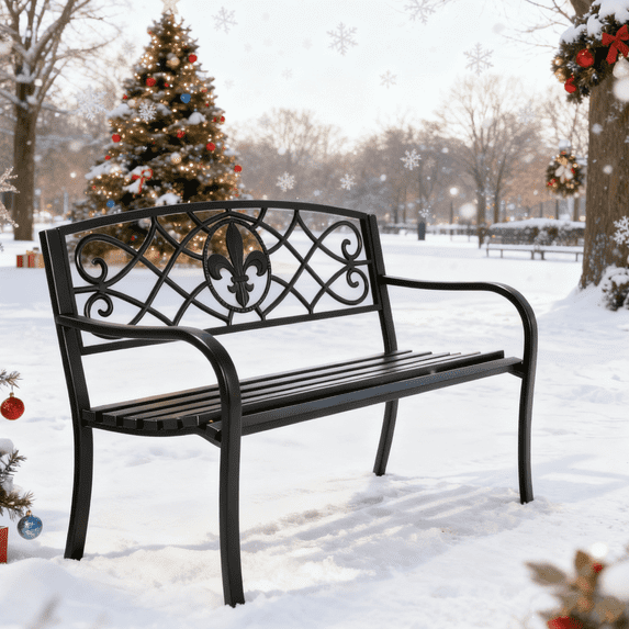 50 Inch Black Outdoor Bench, Patio Bench with Ergonomic Backrest&Armrests, Cast Iron Frame