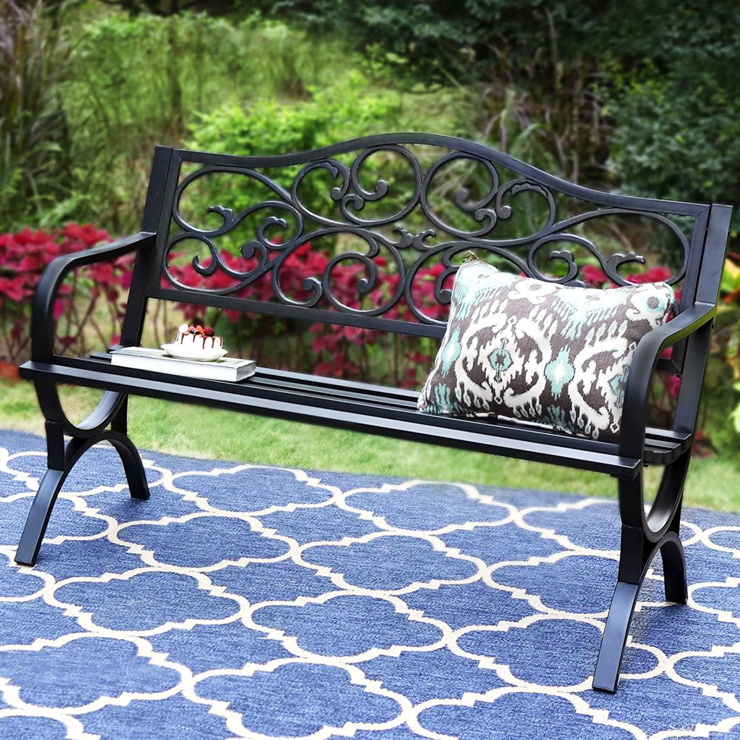 On Shine 50" Outdoor Metal Bench - Weatherproof Cast Iron Garden Bench For Patio & Yard