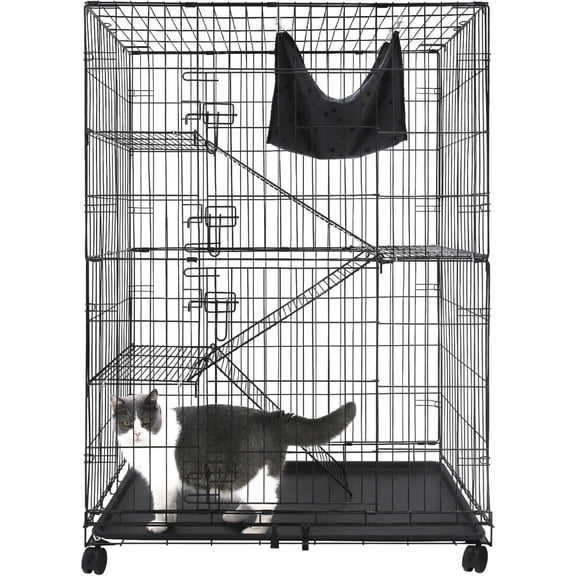 50 Inch Cat Cages Indoor, Large 4-Tier Cat Crates for Indoor Cats, Collapsible Metal Wire Cat Kennel Big Multi-Level Cat Cage for Adult Cats Kitten Kitty with Hammock, Ramp, 360° Wheels