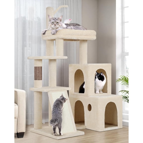 50 Inch Cat Tower for Adult Indoor Cats with Extra-Large Padded Platform Sisal Scratching Board and 2 Large Condos Beige