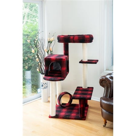 50-Inch Classic Real Wood Cat Tree With Veranda Bench MIni perch and Spacious Lounger In Scotch Plaid